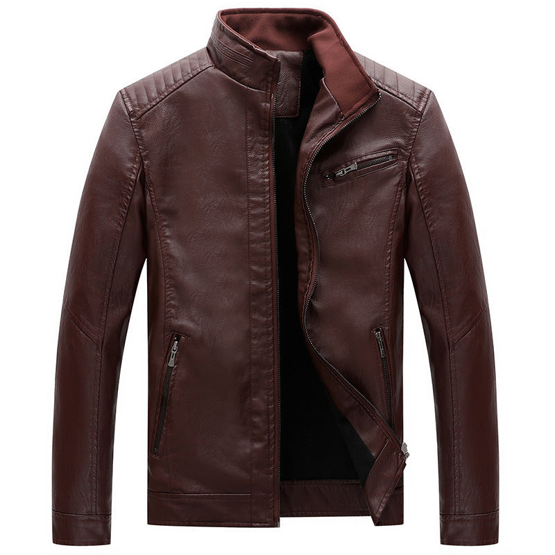 Men's Slim-Fit Leather Look Moto Jacket with Stand-Up Collar and Zipper Pockets Chichicherry