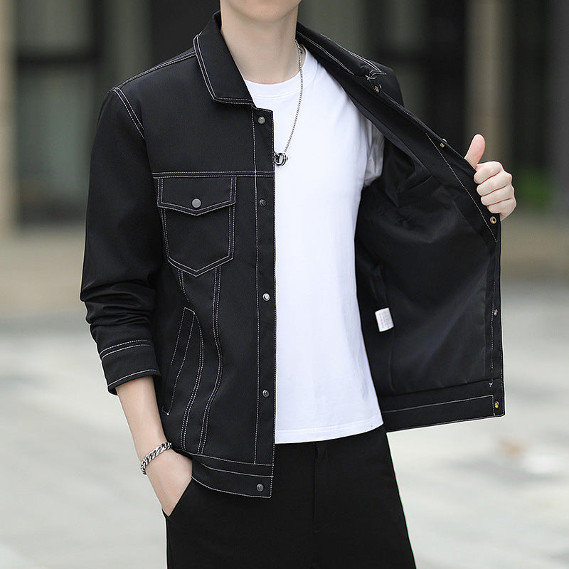 Men's lightweight canvas trucker jacket with visible contrast stitching and chest flap pockets Chichicherry