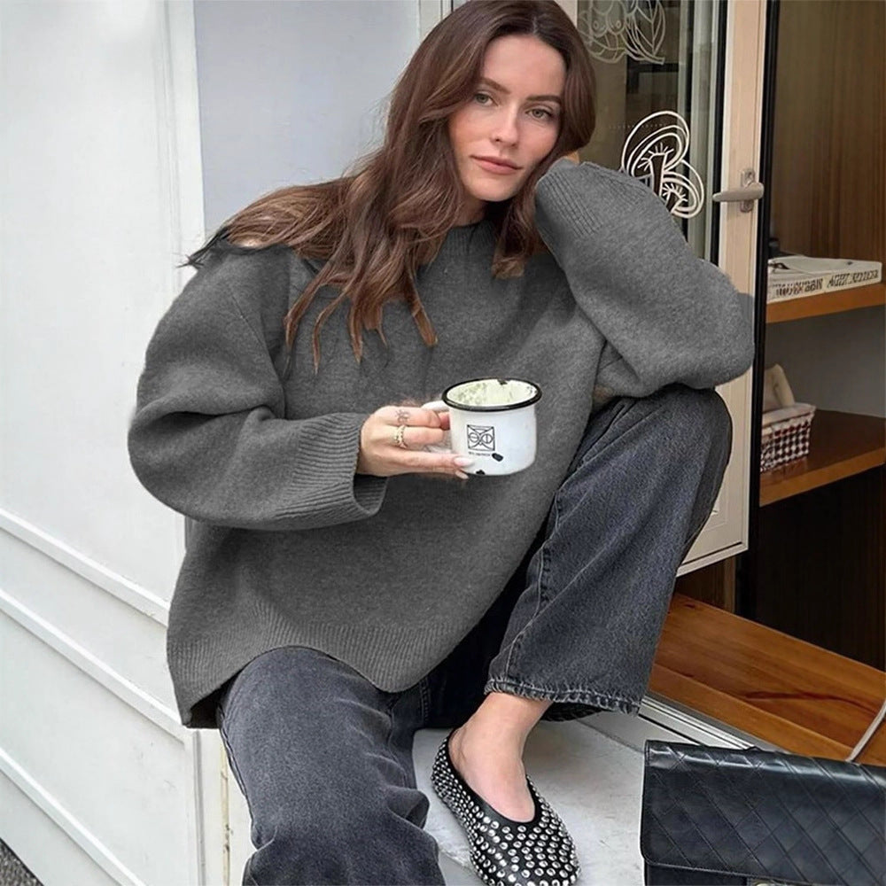 Women Oversized Fine Knit Sweater with Round Neck and Balloon Sleeves Chichicherry
