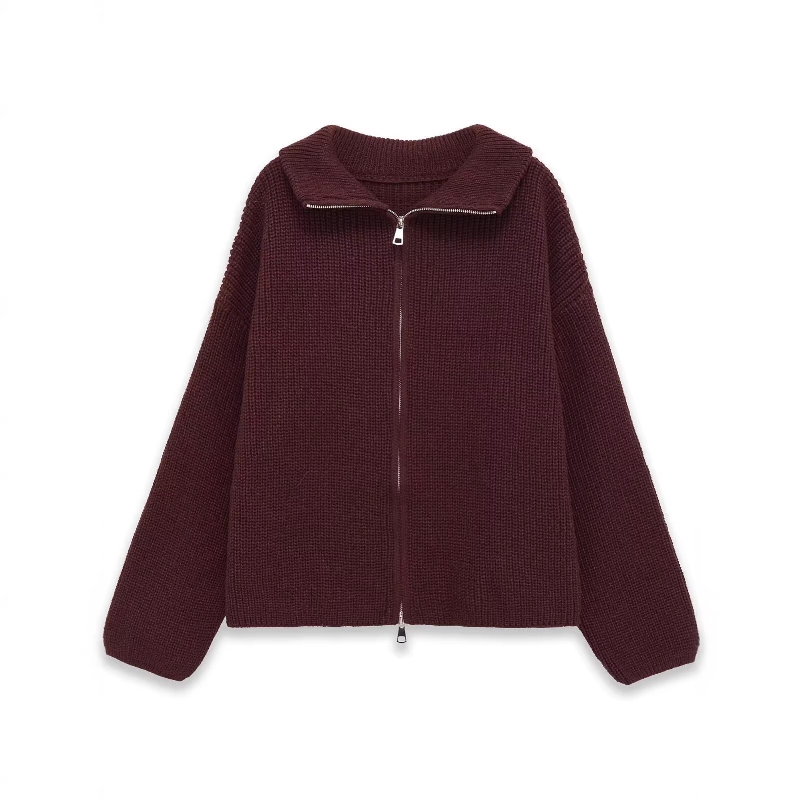 Women's Chunky Knit Zip Cardigan with Stand-up Collar and Oversized Silhouette Chichicherry