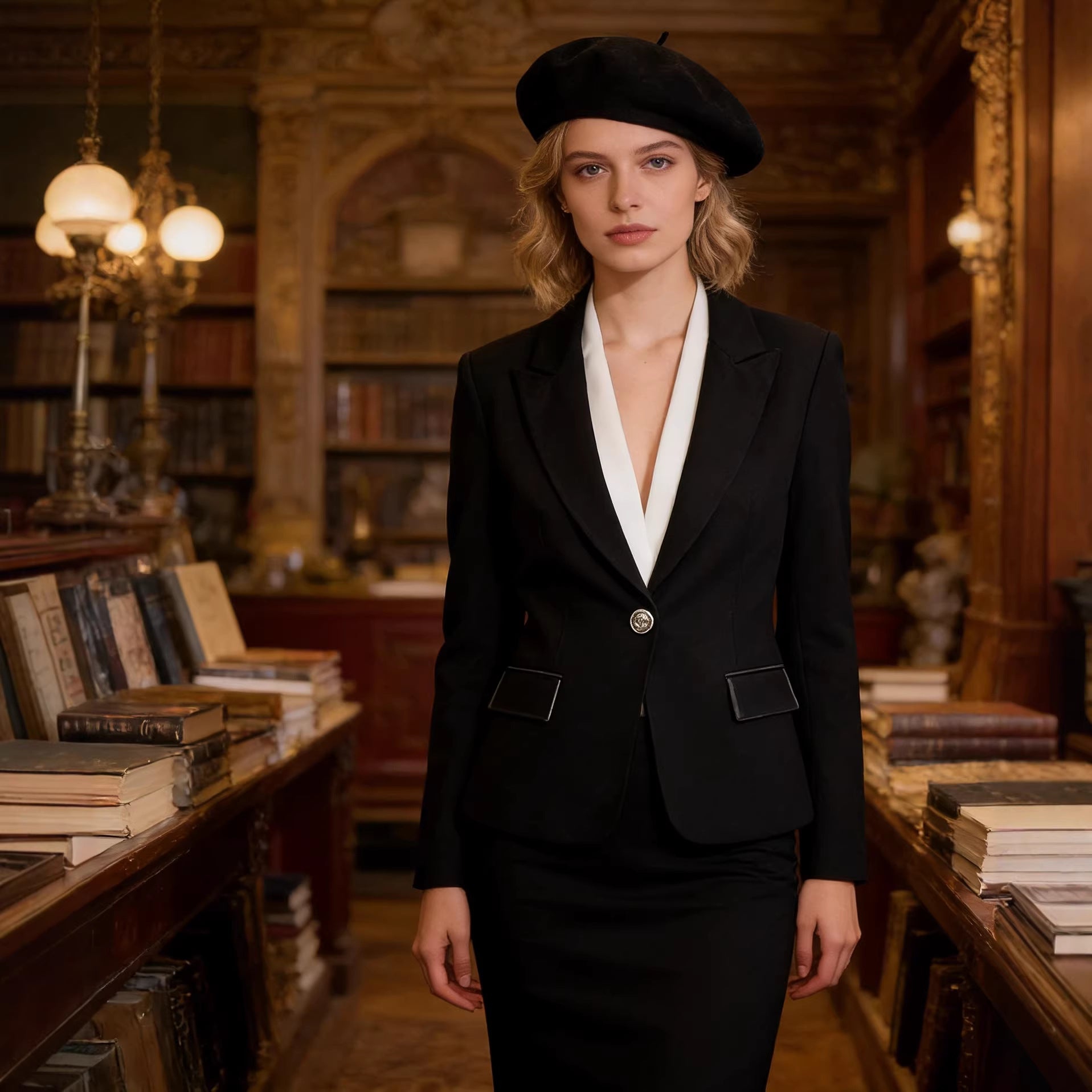Women's Longer Tailored Single-Button Blazer with Narrow Lapels and Flap Pockets Chichicherry