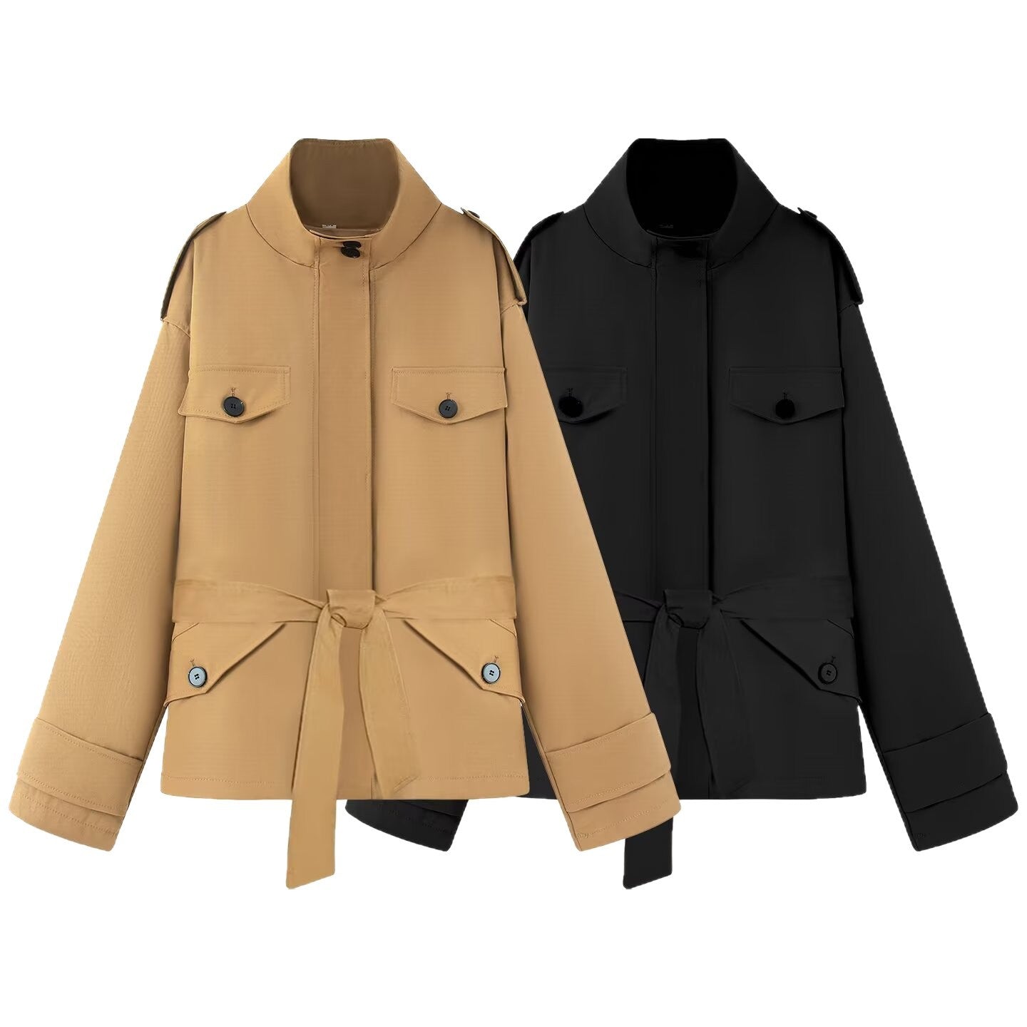 Women's Short Jacket in Utility Style with Waist Belt and Flap Pockets Chichicherry