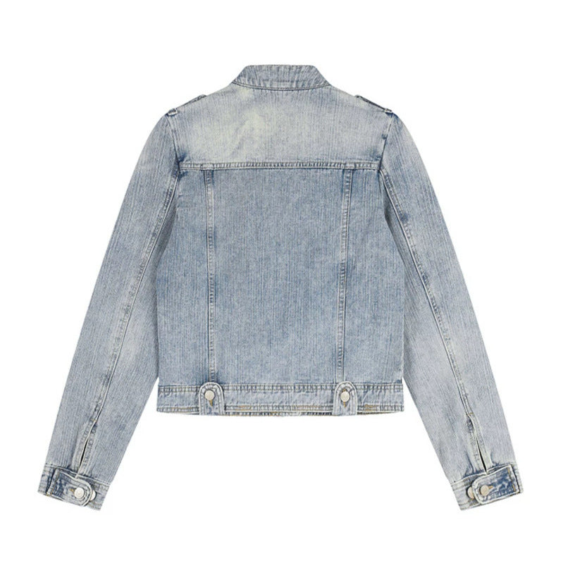 Women's Short Denim Jacket in Military Style with Stand Collar, Shoulder Epaulets and Flap Pockets Chichicherry