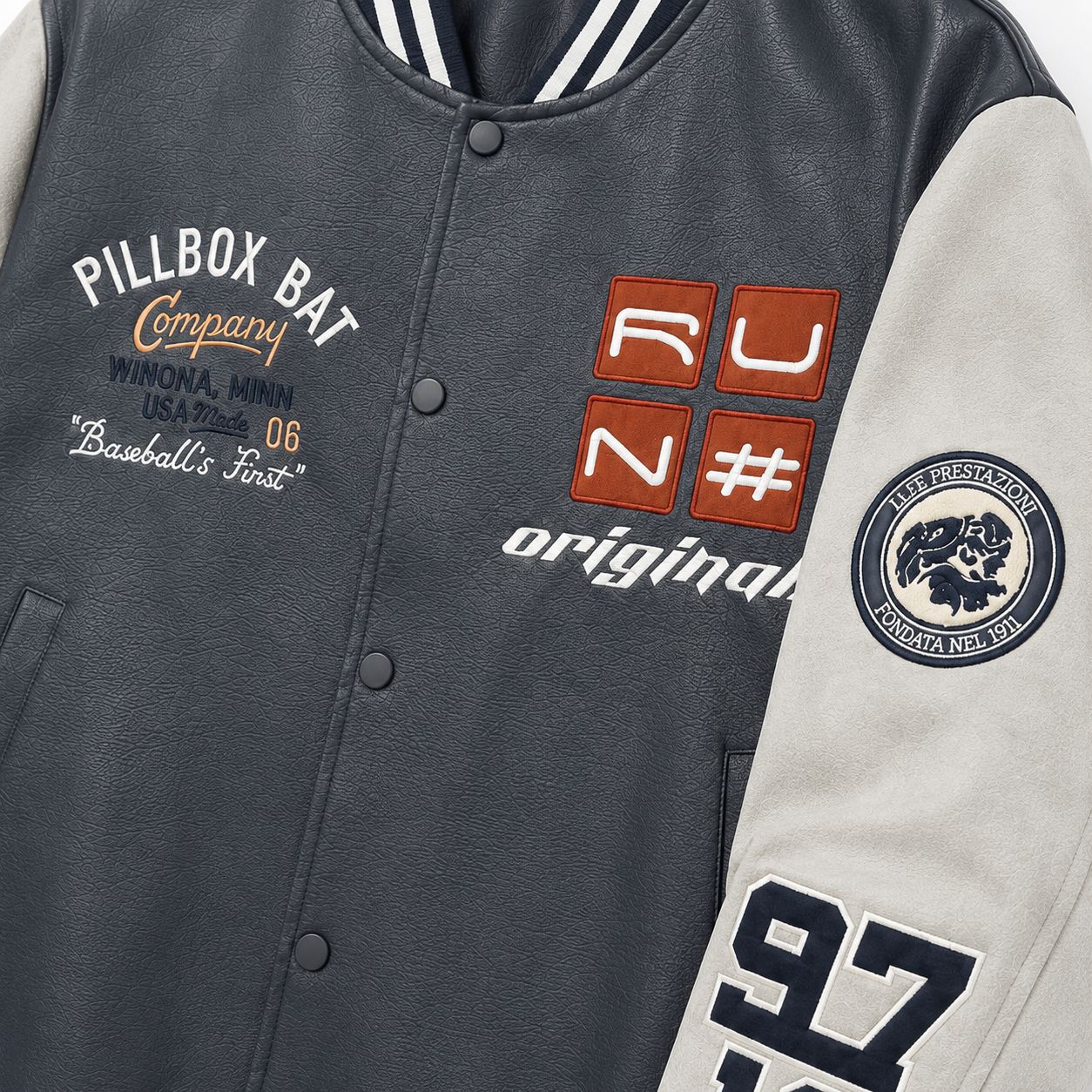 Men's varsity bomber jacket in retro college style with faux leather body and contrast sleeves Chichicherry