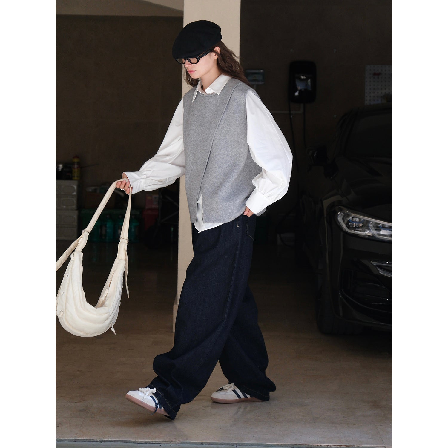 Women's Asymmetrical Knit Vest with Draped Front and Round Neck