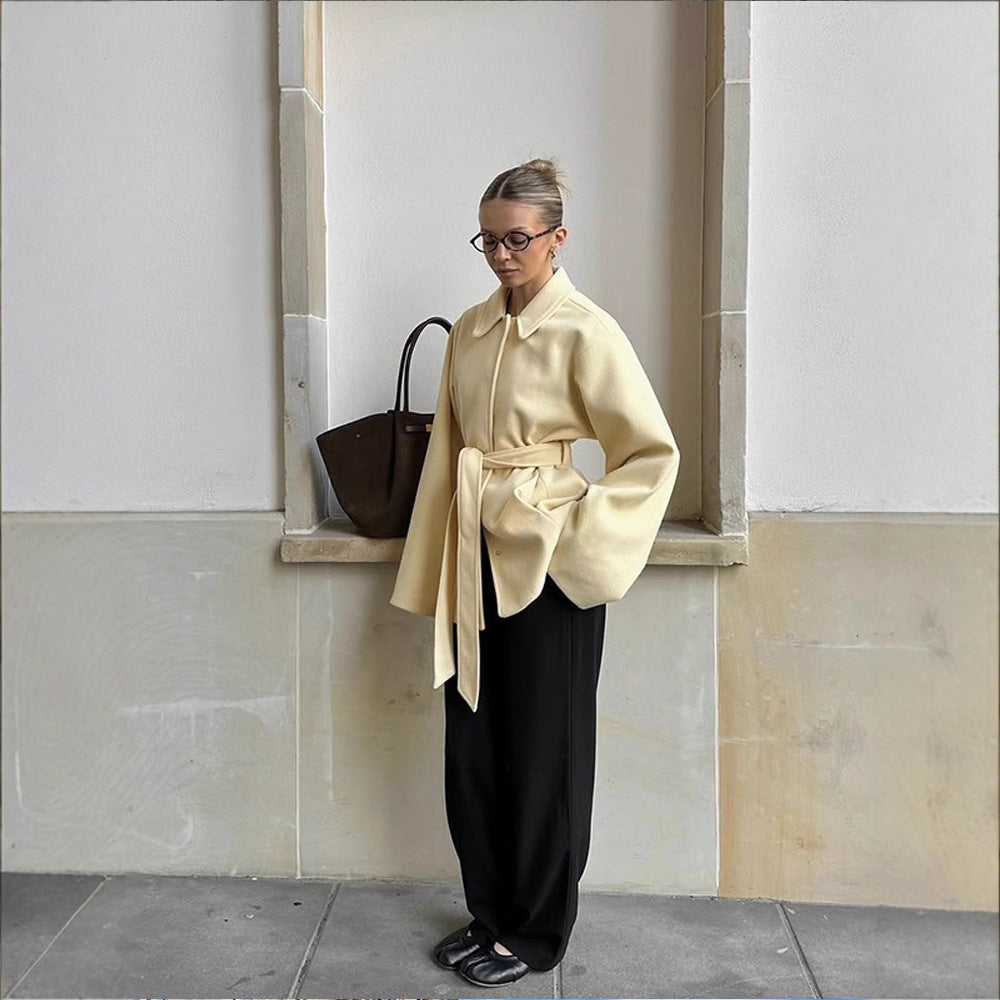 Women's short coat with tie belt, boxy oversized silhouette and wide sleeves Chichicherry
