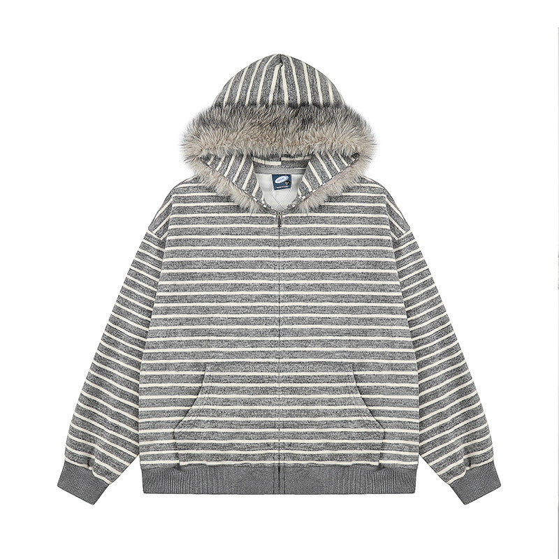 Women's Oversize Hooded Sweat Jacket with Striped Jacquard, Full Zipper and Faux Fur Hood Chichicherry