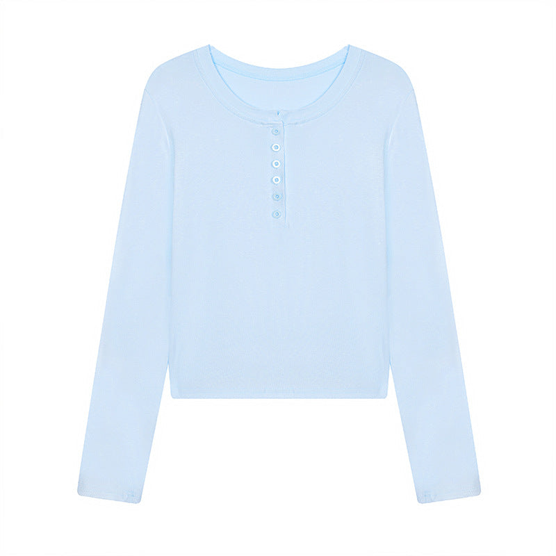 Women's short-cut Henley long-sleeve shirt made of cotton jersey with button placket Chichicherry