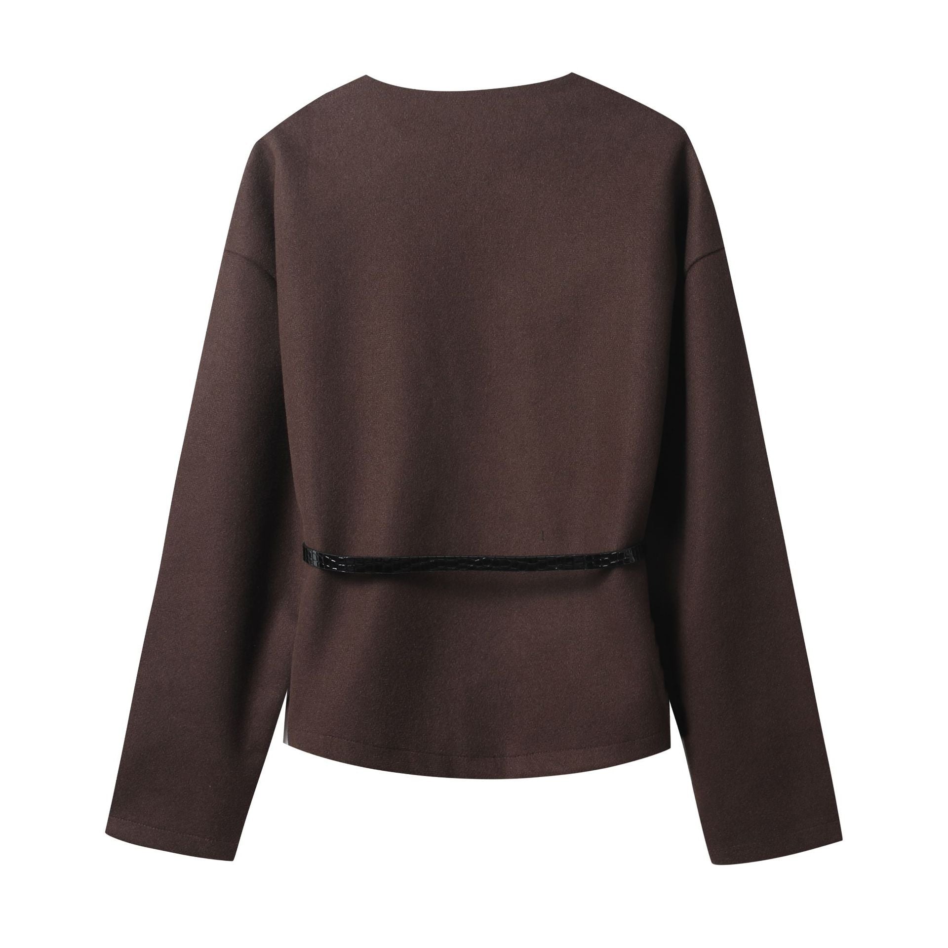 Women's short wrap coat made of wool blend with deep shawl collar and narrow waist belt Chichicherry