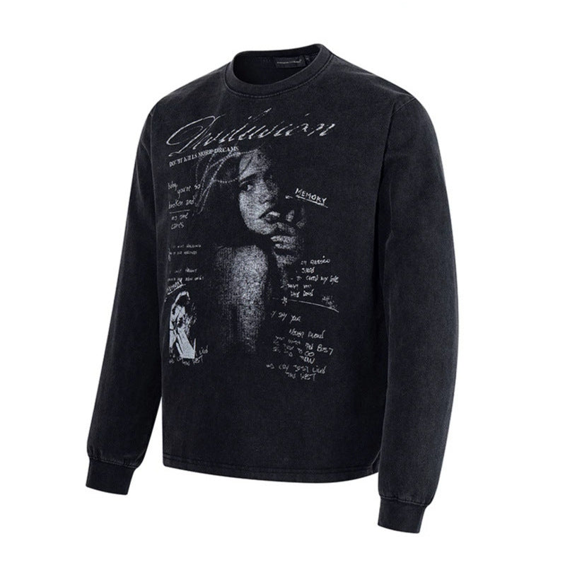 Men's Longsleeve with Vintage Girl Graphic and Used Wash Chichicherry