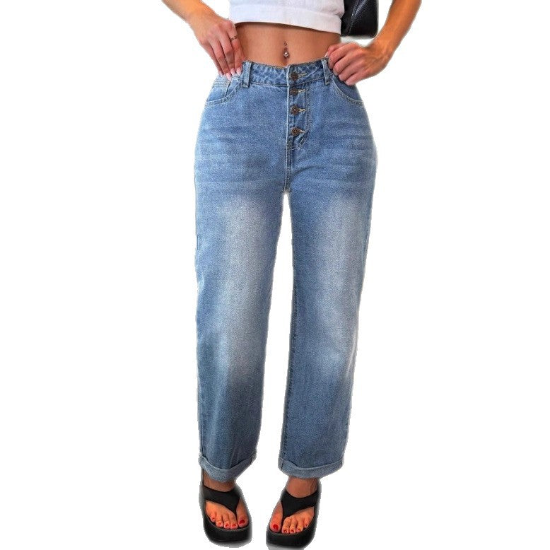 Women's High-Waisted Relaxed-Straight Jeans with Visible Button Placket and Cuff Chichicherry