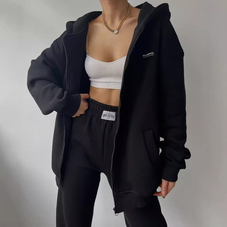 Damen Oversize Kapuzen-Sweatjacke mit Reißverschluss und High-Waist Jogginghose Set Chichicherry