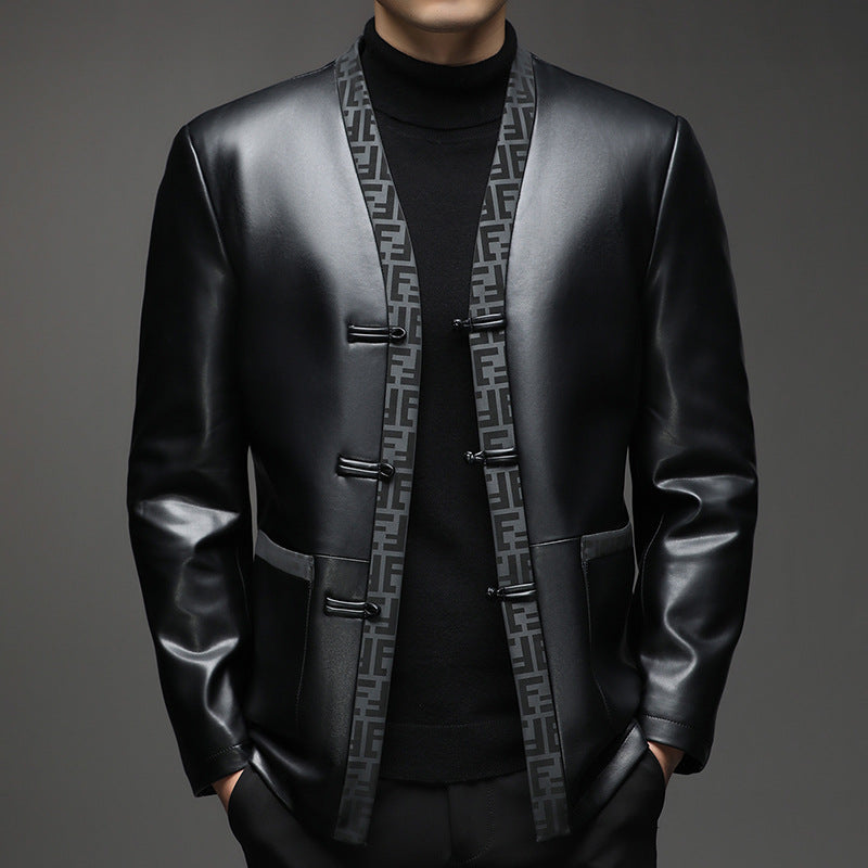 Men's faux leather kimono-style jacket with jacquard trim and cord closures Chichicherry