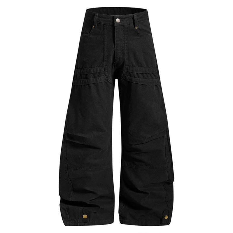 Women's Loose High-Waist Cargo Pants with Reinforced Knee Panels and Adjustable Hem Chichicherry