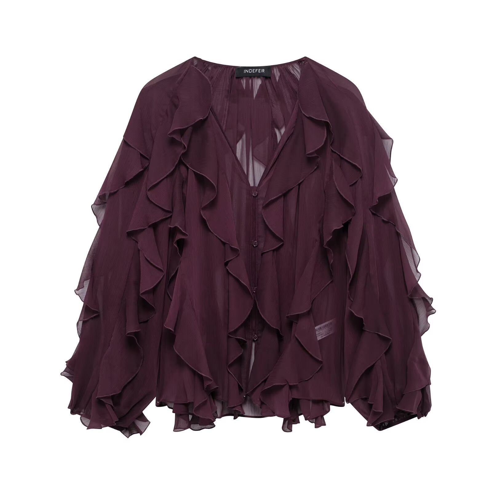 Women Chiffon Blouse with multiple ruffle frills and button placket Chichicherry