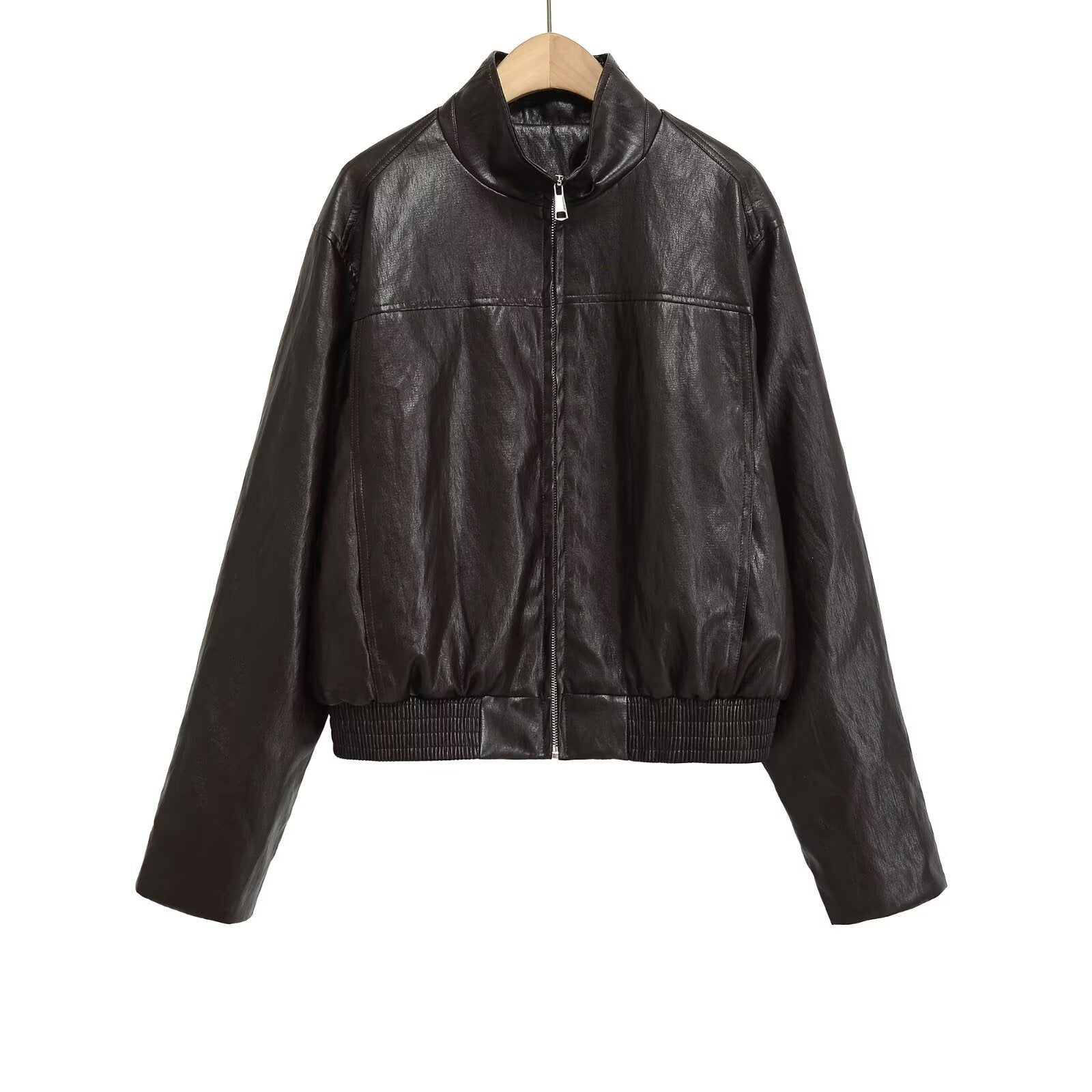 Women's short jacket in vintage leather look with stand-up collar, zipper and wide ribbed cuffs Chichicherry
