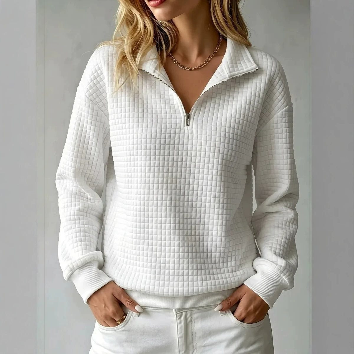 Women's Quilted Fleece Pullover with Half Zipper and Stand-Up Collar Chichicherry