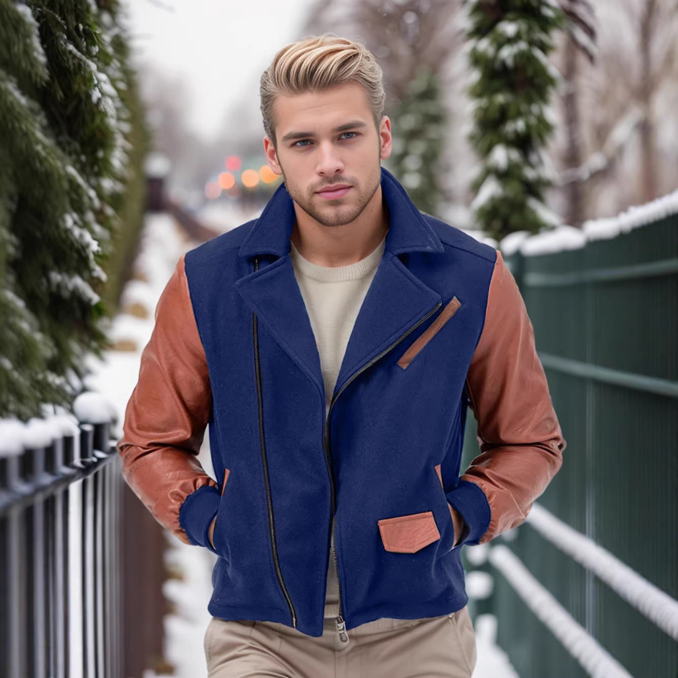 Men's short jacket in aviator style with contrast sleeves and asymmetric zipper Chichicherry