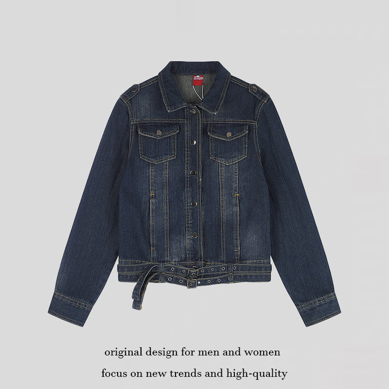 Ladies short denim jacket with waist belt, snap front and patch breast pockets Chichicherry