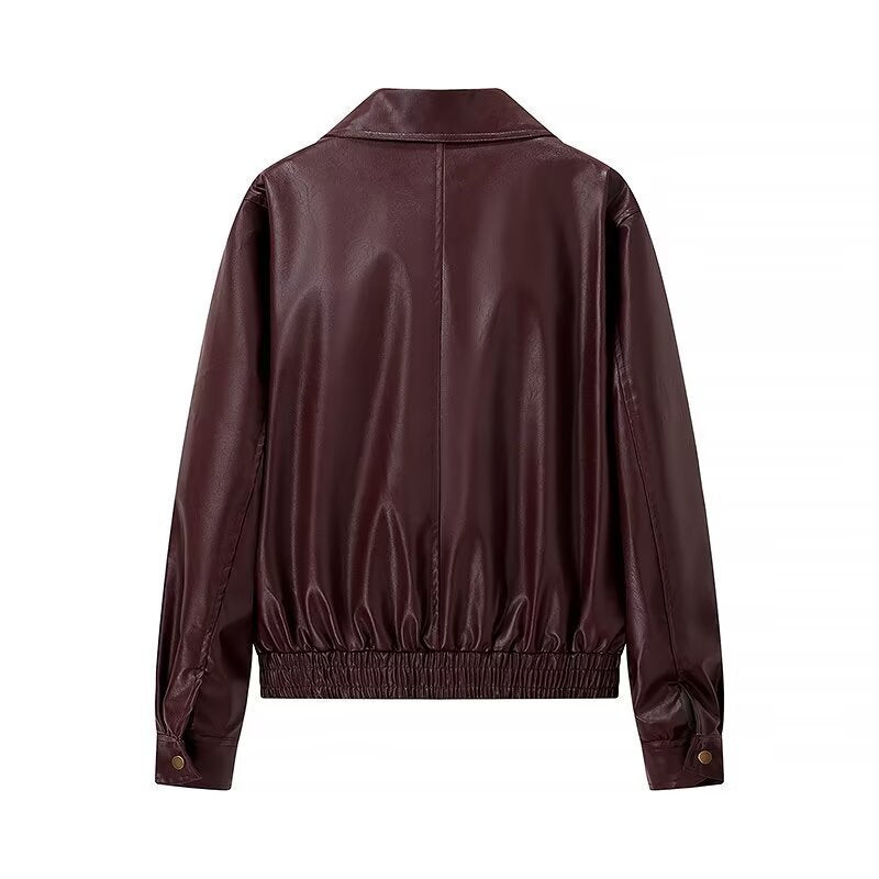 Women's Glossy Faux Leather Blouson Jacket with Zip and Elastic Hem Chichicherry