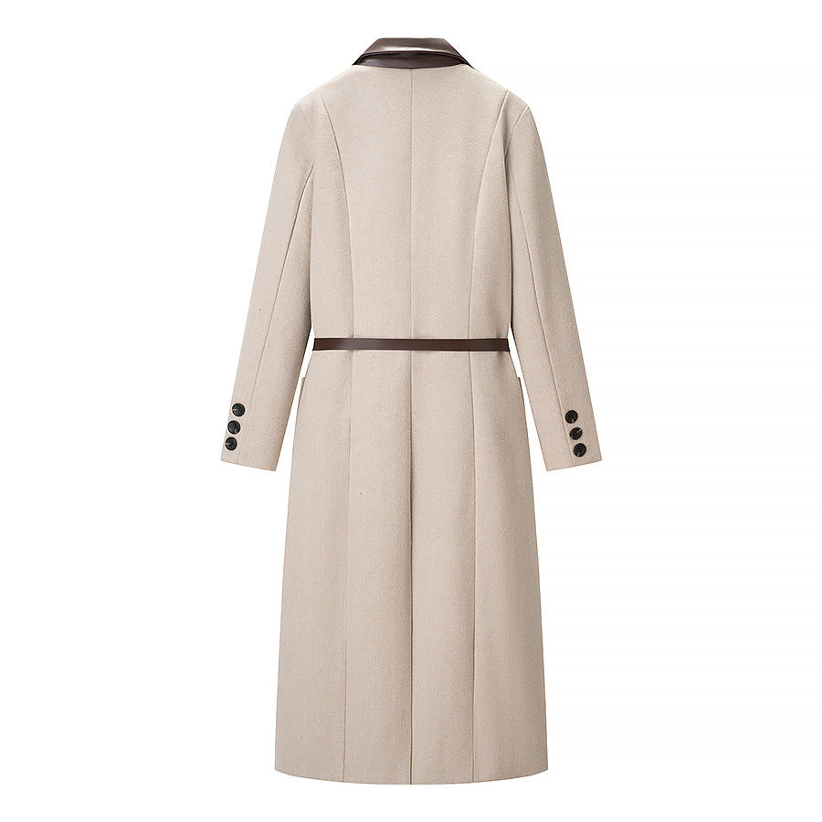 Women Tailored Wool Blend Coat with Herringbone Texture, Contrast Leather Collar and Leather Belt Chichicherry
