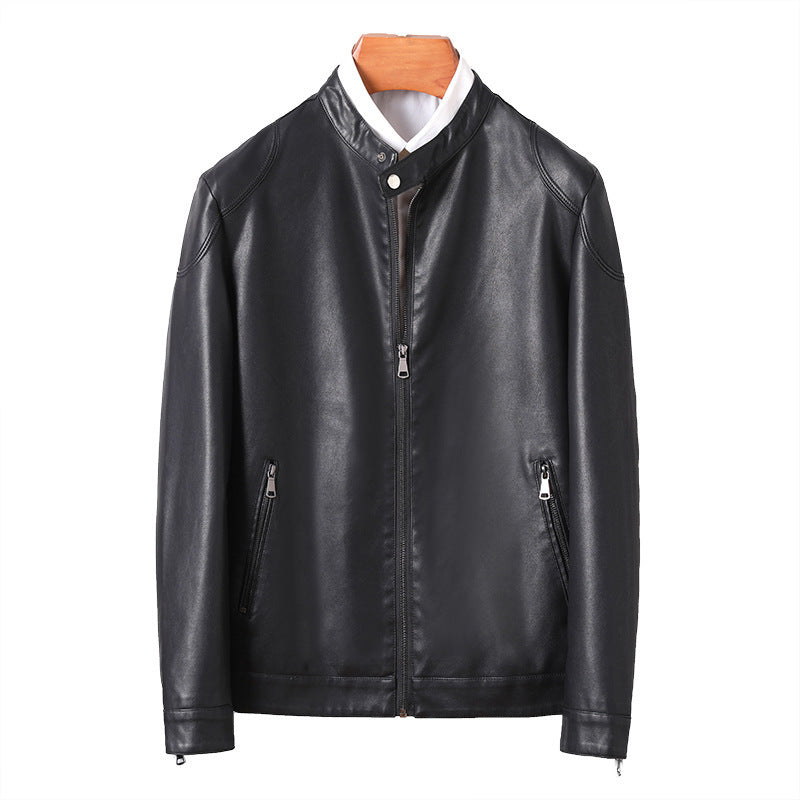 Men's Minimalist Faux Leather Blouson with Stand Collar and Side Zipper Pockets Chichicherry