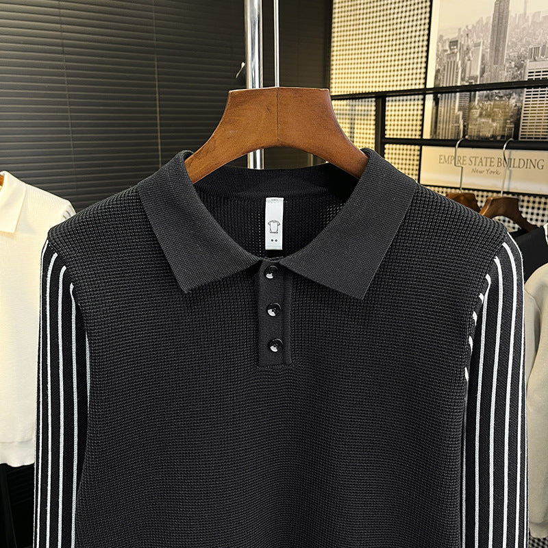 Herren Strick-Poloshirt mit kontrastgestreiften Ärmeln und feiner Struktur Chichicherry