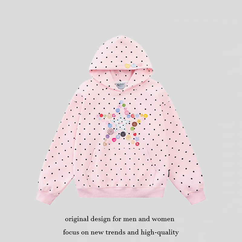Women's hoodie with button star appliqué, allover polka dot and kangaroo pocket Chichicherry