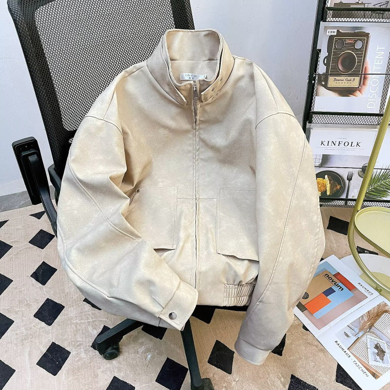 Herren kurze Stehkragenjacke aus Veloursleder-Imitat mit durchgehendem Reißverschluss Chichicherry