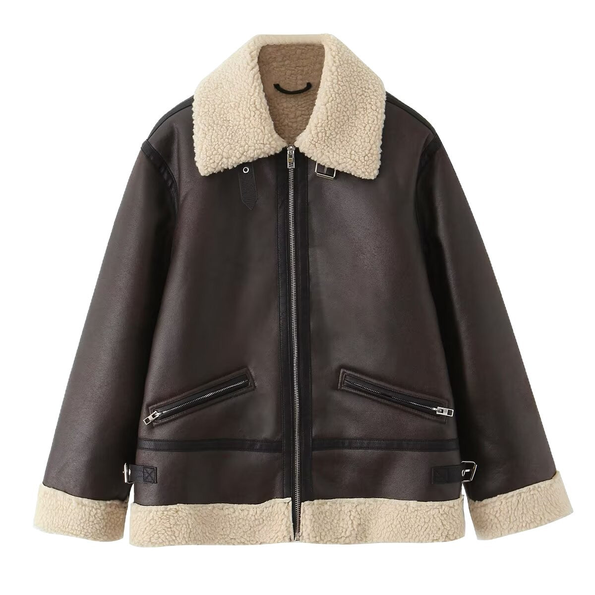 Women's Oversize Pilot Jacket made of Faux Leather with Teddy Collar and Zipper Pockets Chichicherry