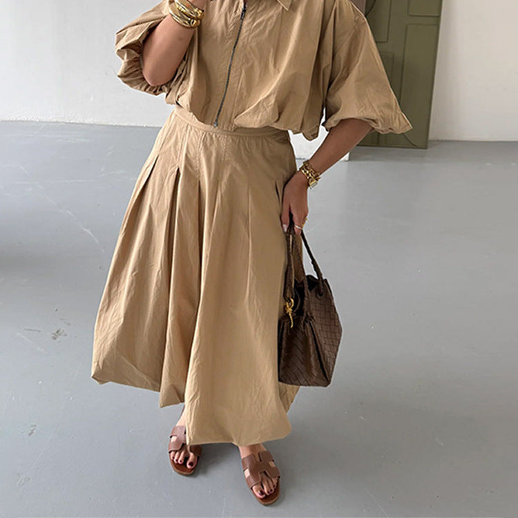 Women Tailored A-Line Midi Skirt with Pleats & High Waist Chichicherry