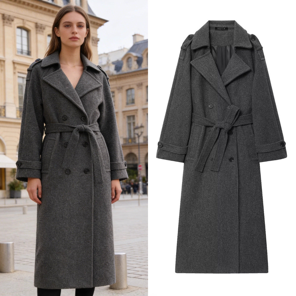 Women's Long Double-Breasted Wool Coat with Waist Belt and Epaulettes Chichicherry