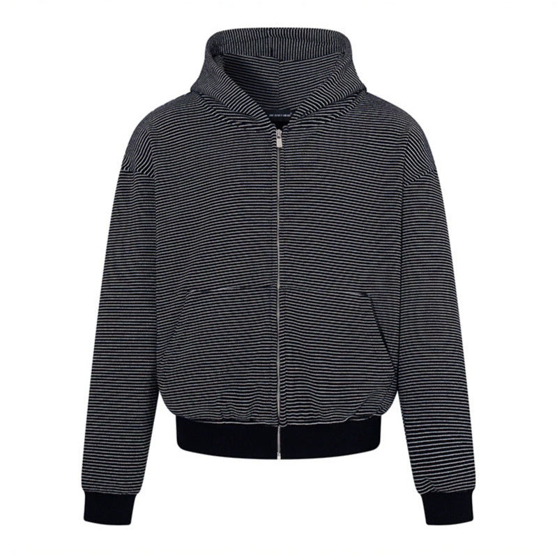 Ladies fine stripe zip jacket with high stand-up collar, kangaroo pockets and elastic hem Chichicherry