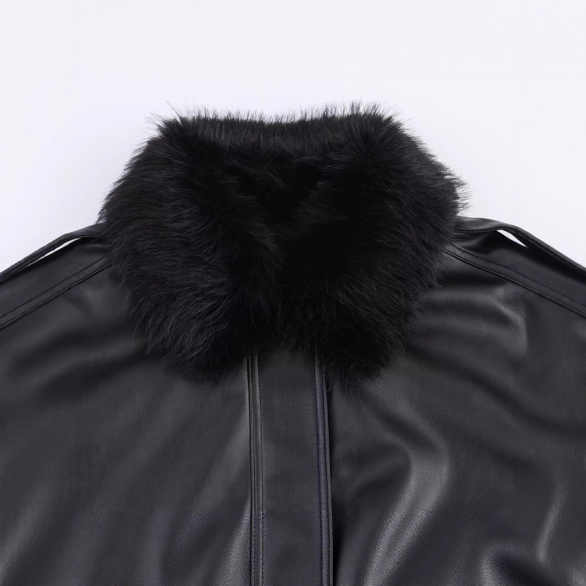Women's Short Cut Faux Leather Bomber with Voluminous Faux Fur Collar Chichicherry