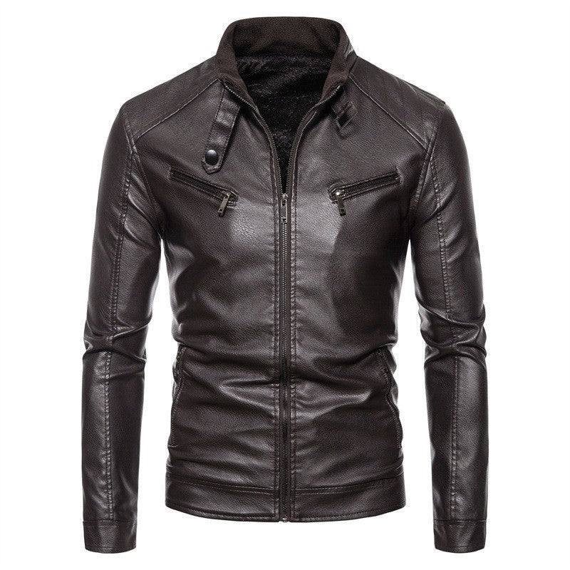 Men's Slim-Fit Faux Leather Biker Jacket with Stand Collar, Zipper Pockets, and Soft Inner Lining Chichicherry
