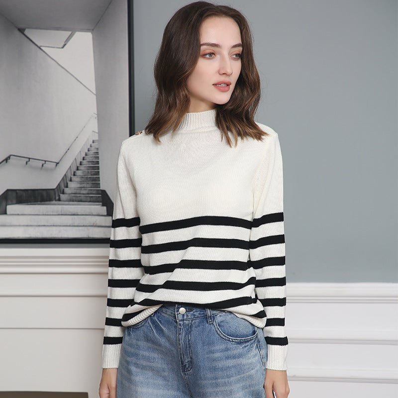Women's Striped Turtleneck Sweater with Decorative Shoulder Buttons and Ribbed Cuffs Chichicherry