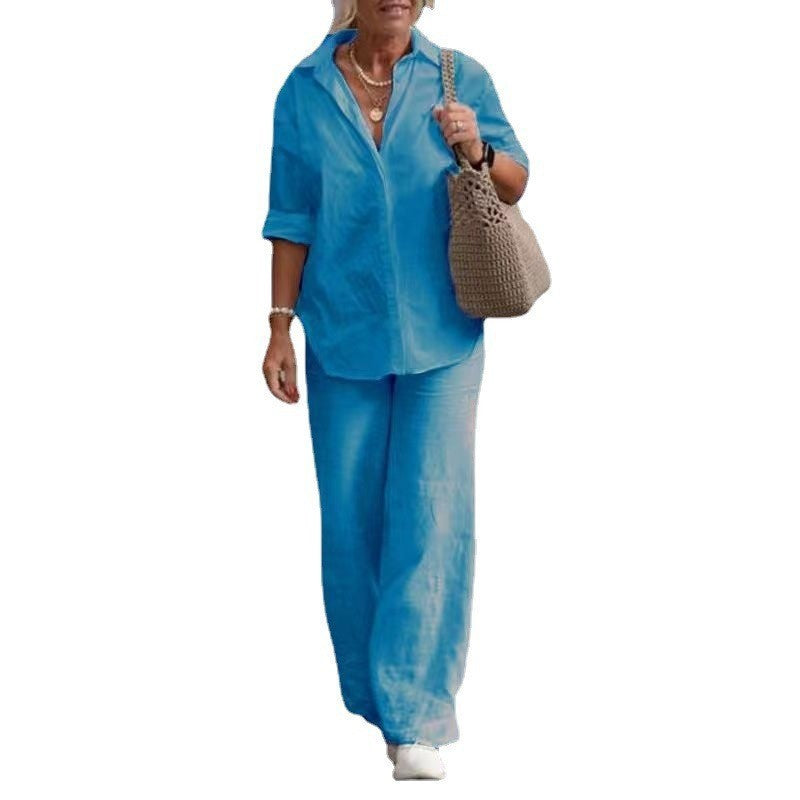 Damen Leichtes Leinen-Loungewear-Set mit offenem Hemdkragen und weiter Palazzohose Chichicherry
