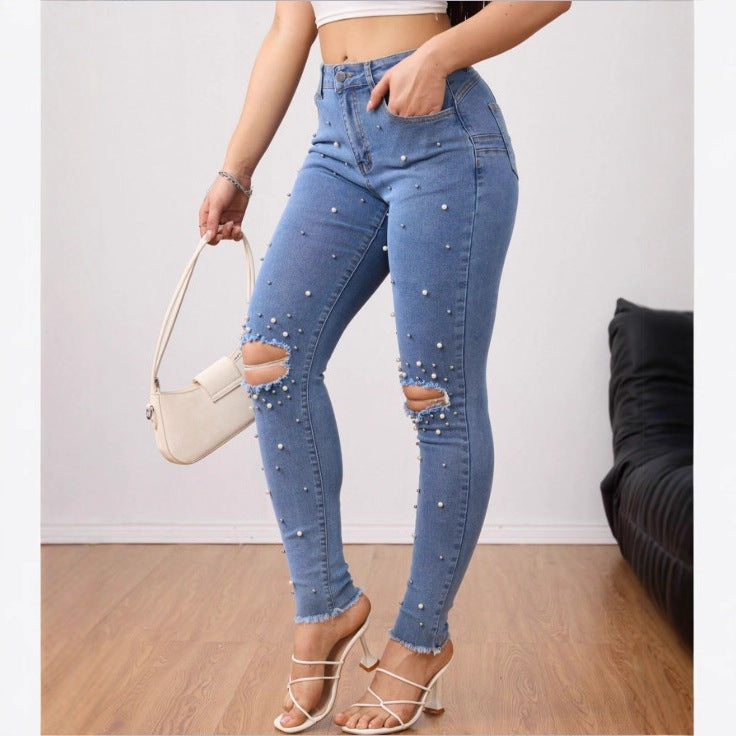 Women Pearl-Embellished High-Waist Skinny Jeans with Knee Rips and Raw Hem Chichicherry