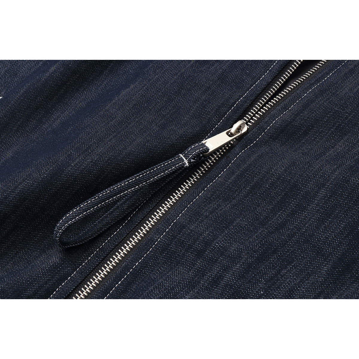 Men's Boxy Denim Blouson with high stand-up collar, visible contrast stitching and elastic hem.