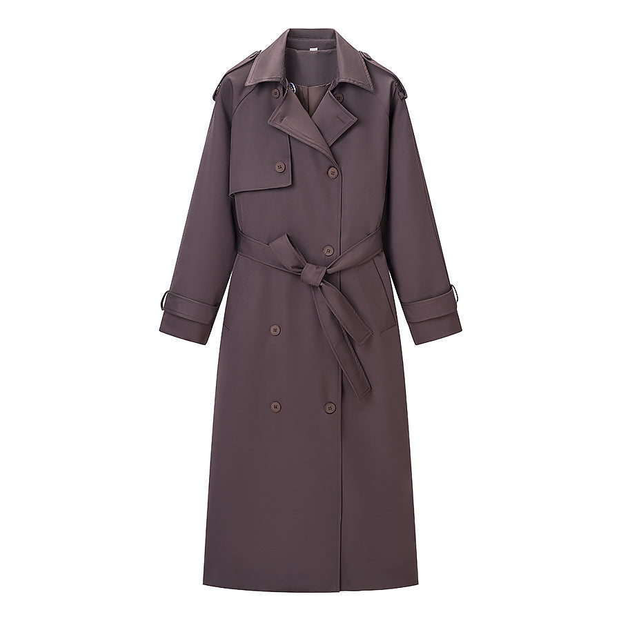 Women Longer tailored trench coat with tie belt and double-breasted button placket Chichicherry
