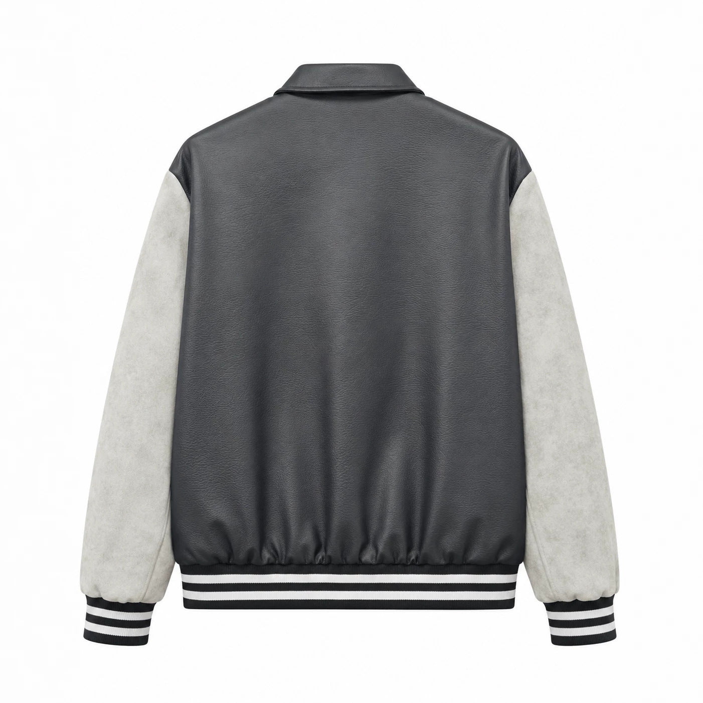 Men's Retro Letterman Bomber with Smooth Faux Leather Body and Velvet Sleeve Detail Chichicherry
