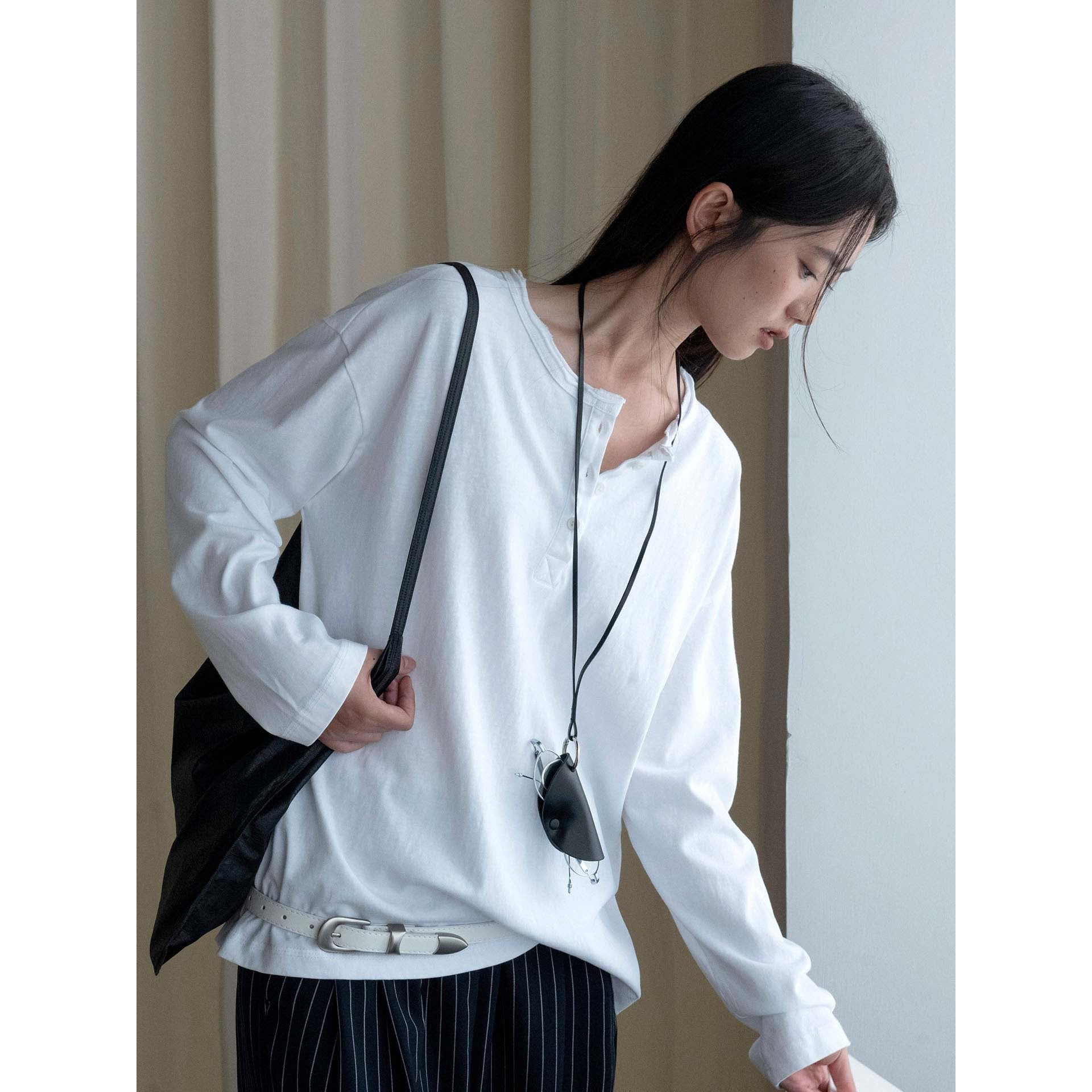 Women Oversized Henley Shirt with Raw Edge and Light Cotton Quality Chichicherry