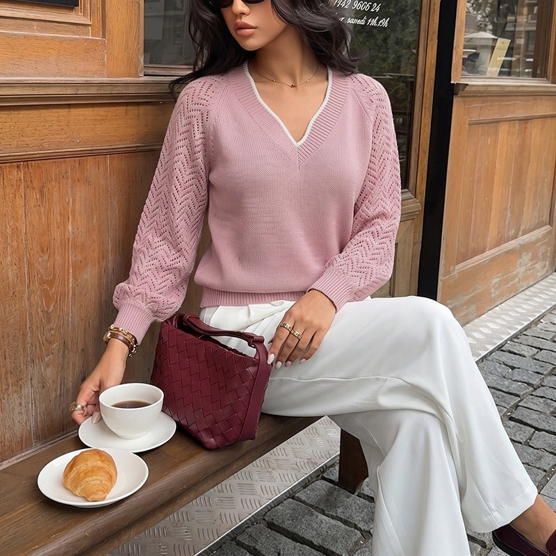 Women's fine knit sweater with deep V-neck, openwork sleeves, and ribbed hem Chichicherry