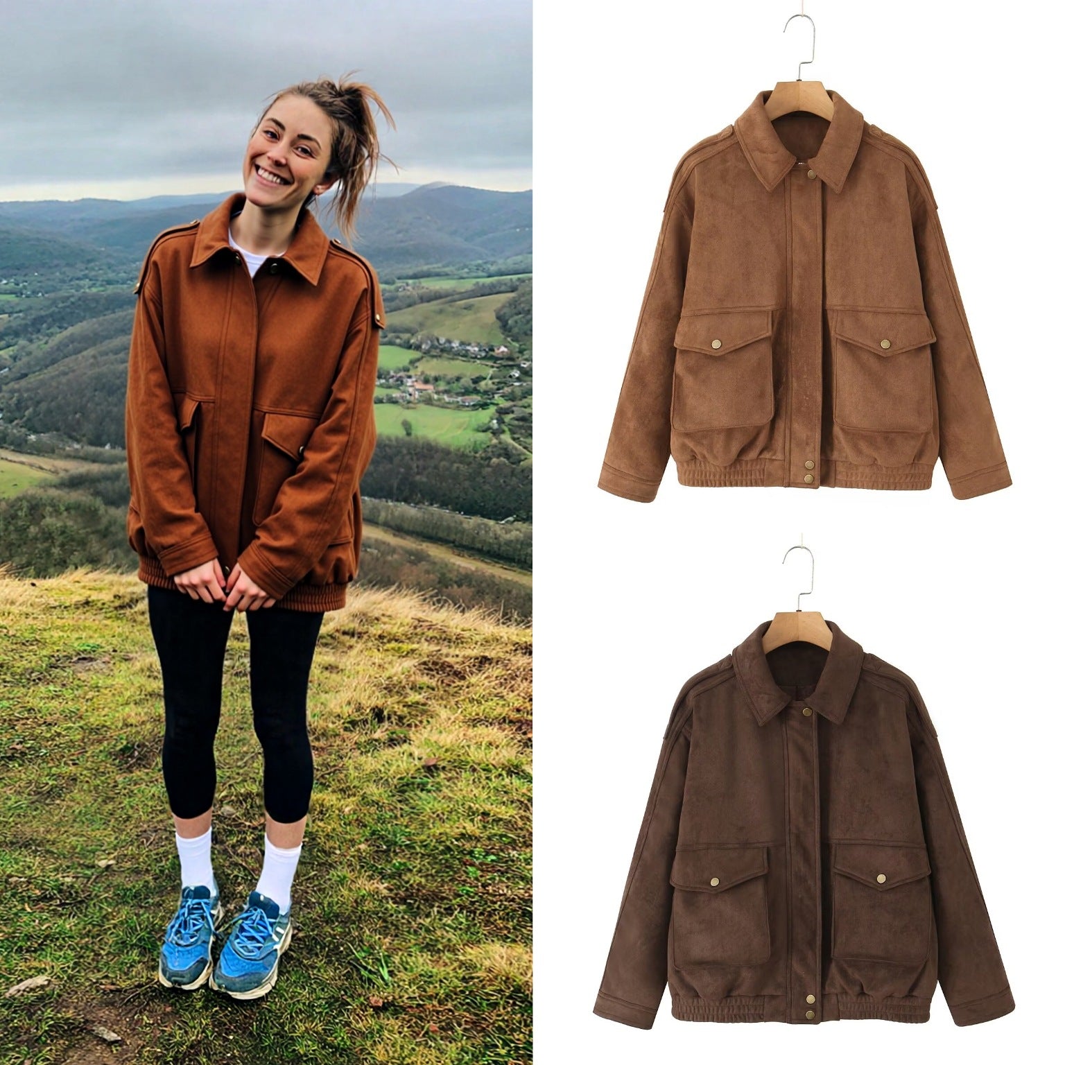 Women's Oversize Suede-Look Bomber Jacket with Flap Pockets and Elastic Hem Chichicherry