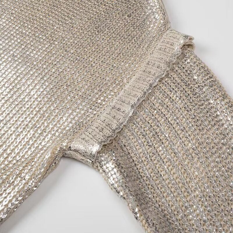 Women's Oversized Knit Sweater with Cut-Out Shoulders and Metallic Shine Chichicherry
