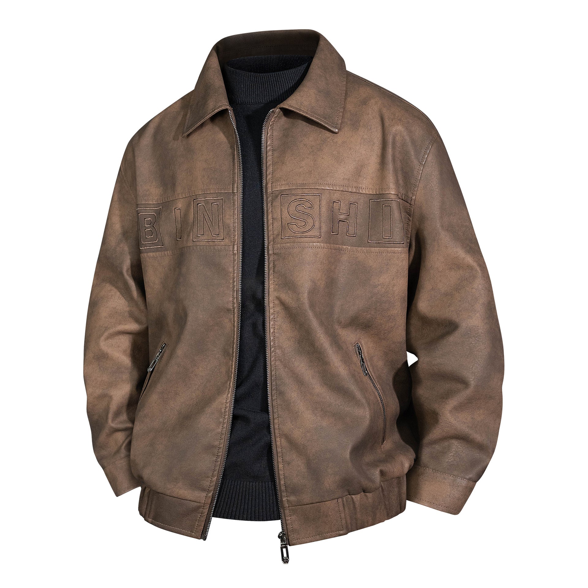 Men's Suede Look Bomber Jacket with Applied Logo and Zipper Chichicherry