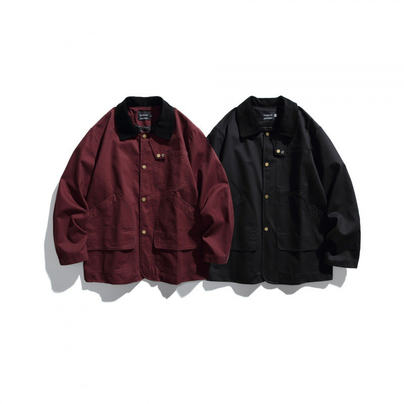 Men's Canvas Chore Jacket with Cord Collar and Snap Front Chichicherry