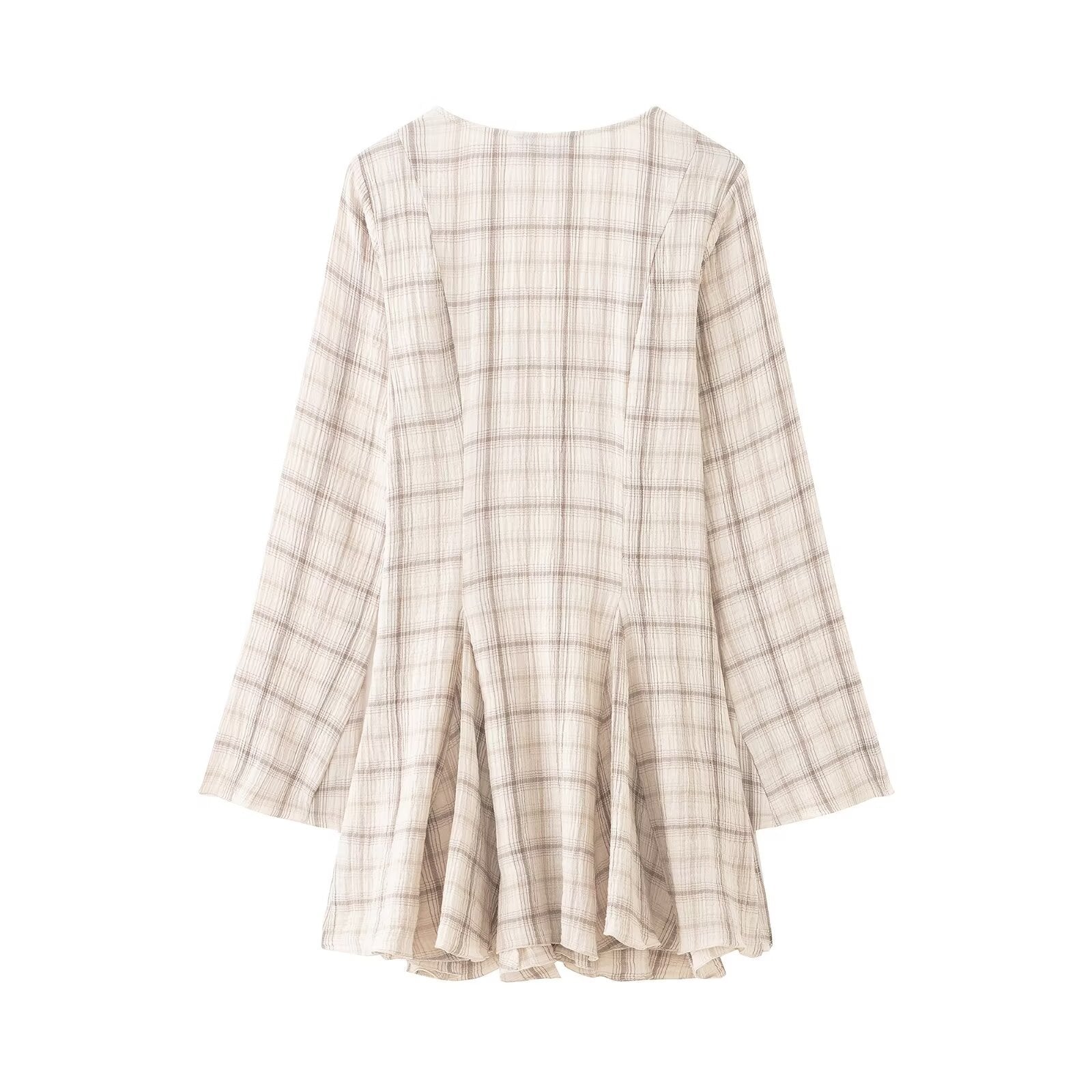 Women's Lightweight V-Neck Midi Dress with Check Pattern, Tailored Godet Skirt and Crinkle Structure Chichicherry