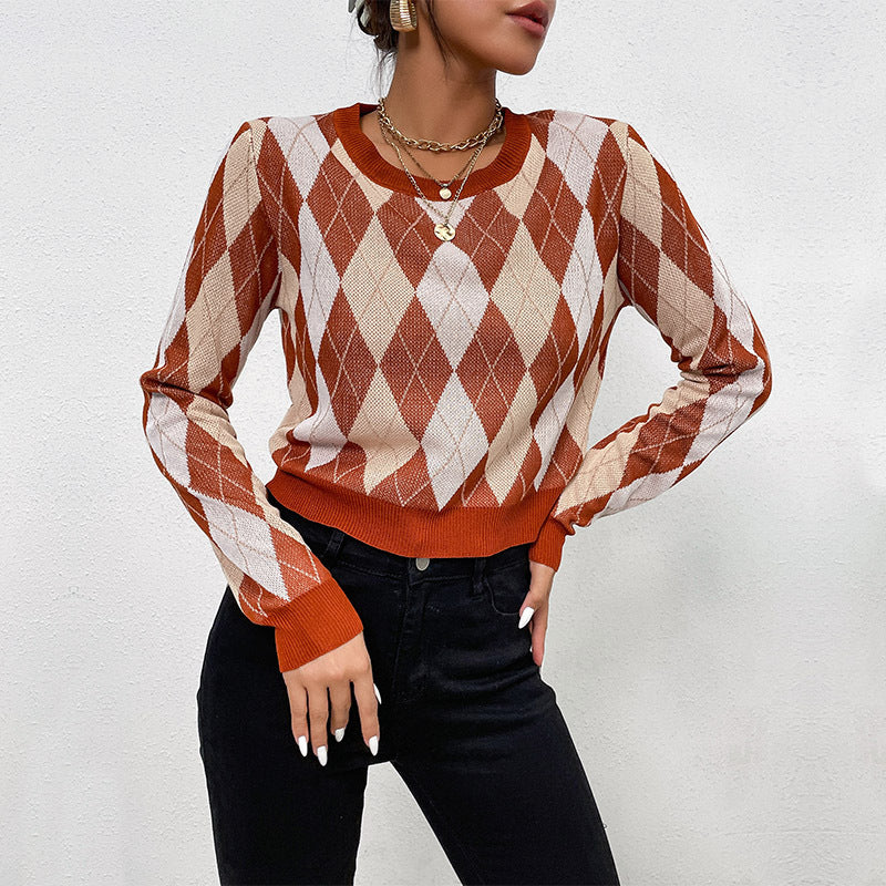 Women's Cropped Knit Sweater with Argyle Diamond Pattern and Fitted Ribbed Hem Chichicherry