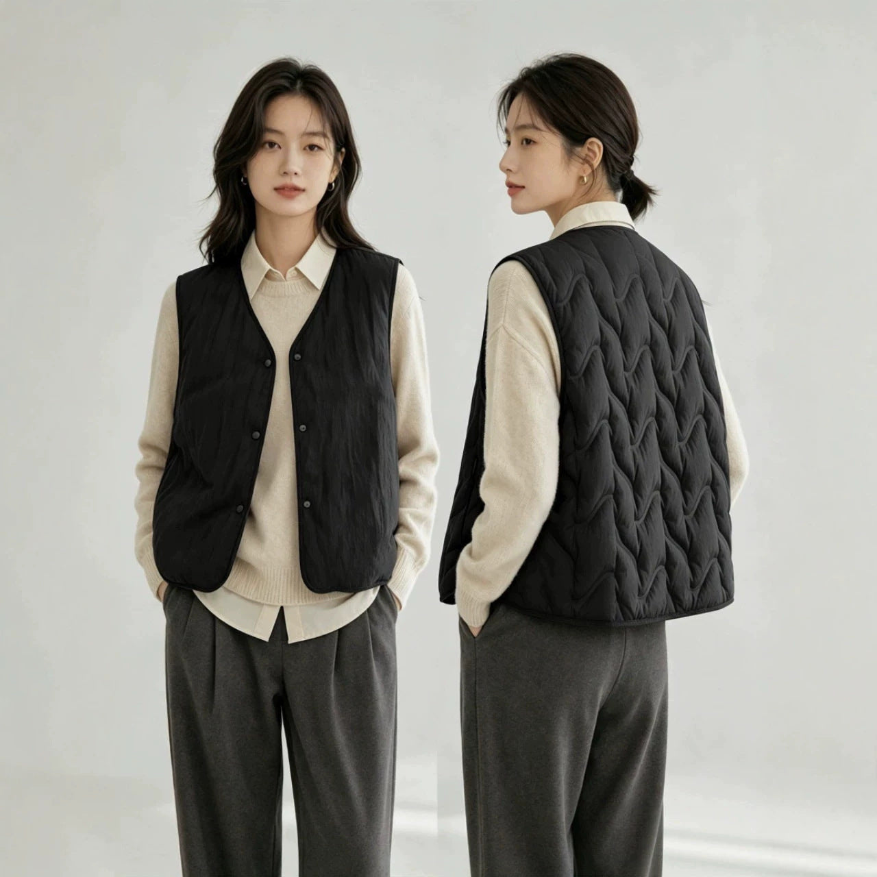 Women’s lightly padded quilted vest with V-neck and press studs Chichicherry